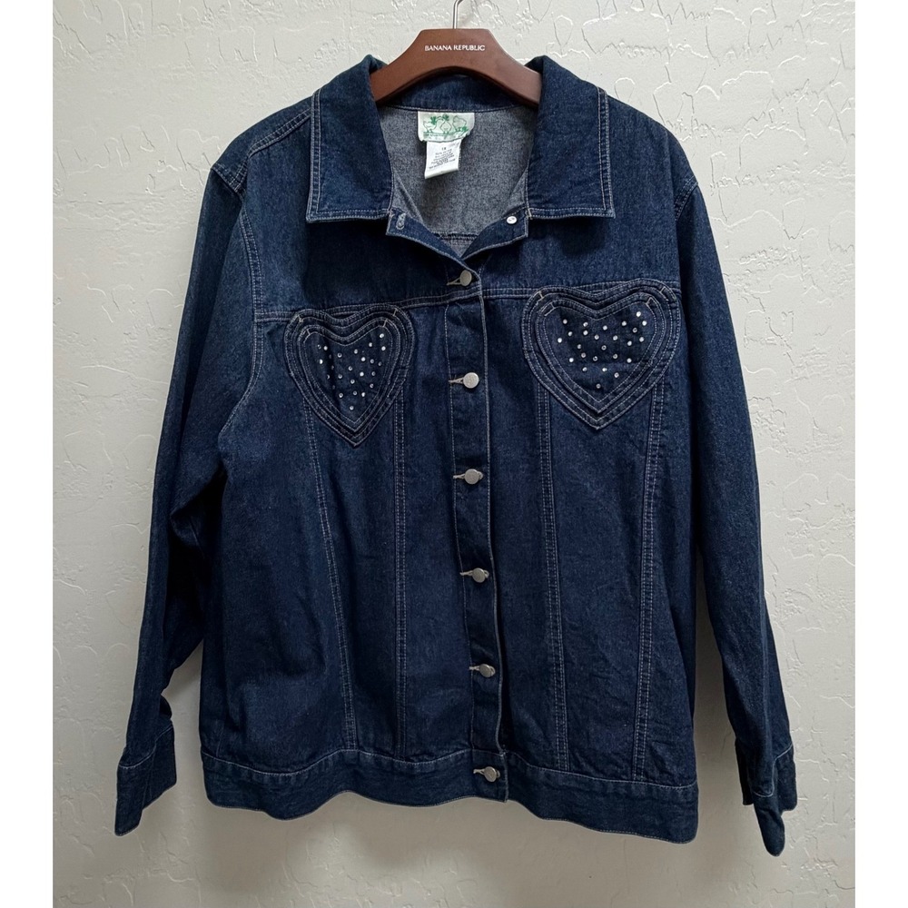 Vtg Y2K Quacker Factory QVC Rhinestone Heart Dark Denim Jacket Women's 1X